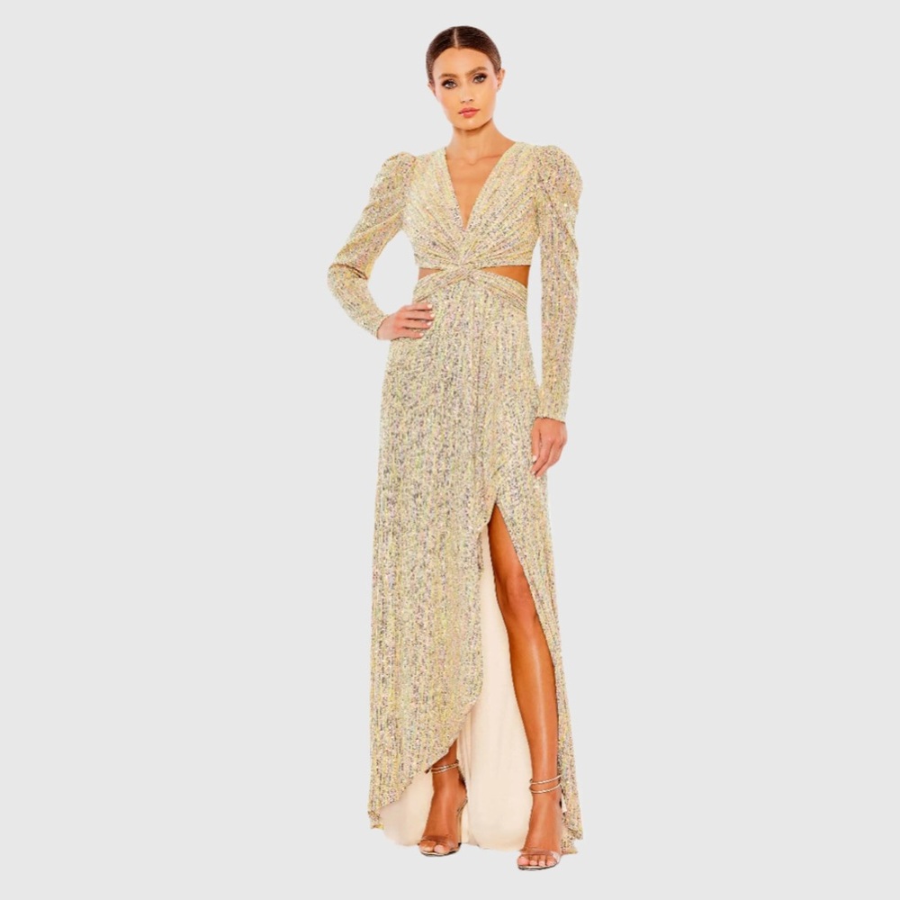 Gold Metallic Puff Sleeve Front Twist Cut Out Gown - Picture 2 of 5